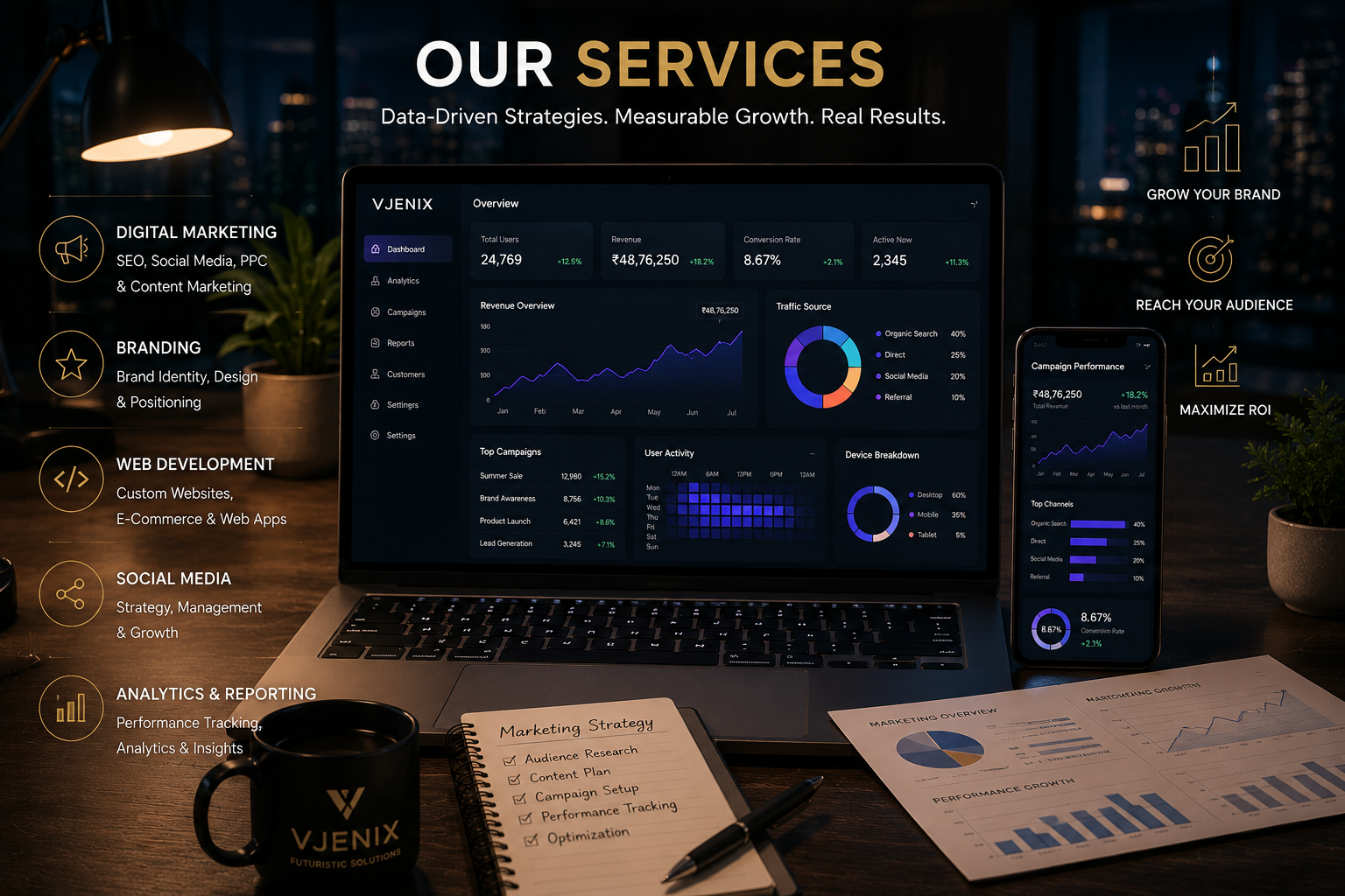 Digital marketing analytics dashboard displayed on a laptop and phone